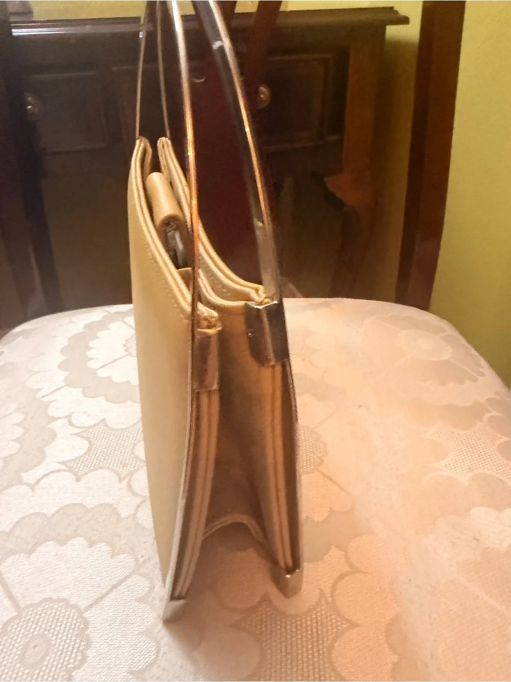 Cream Top-Handle Clutch with Metal Frame
